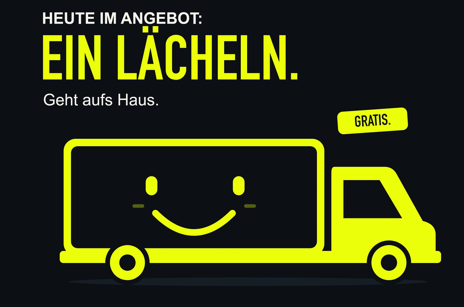 Solarbetriebener Filmtruck mit Außenbildschirm, darauf ein Lächeln: Heute im Angebot, gratis.